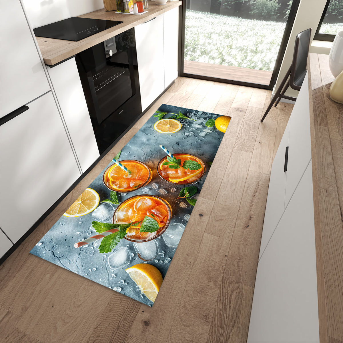 Geruchsneutraler Teppich in Küche mit Motiv Sommerlicher Drink in moderner Küche