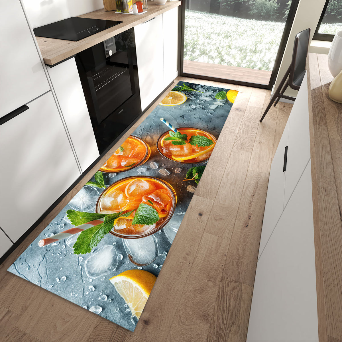 Flacher Küchenläufer mit Motiv Sommerlicher Drink in moderner Küche