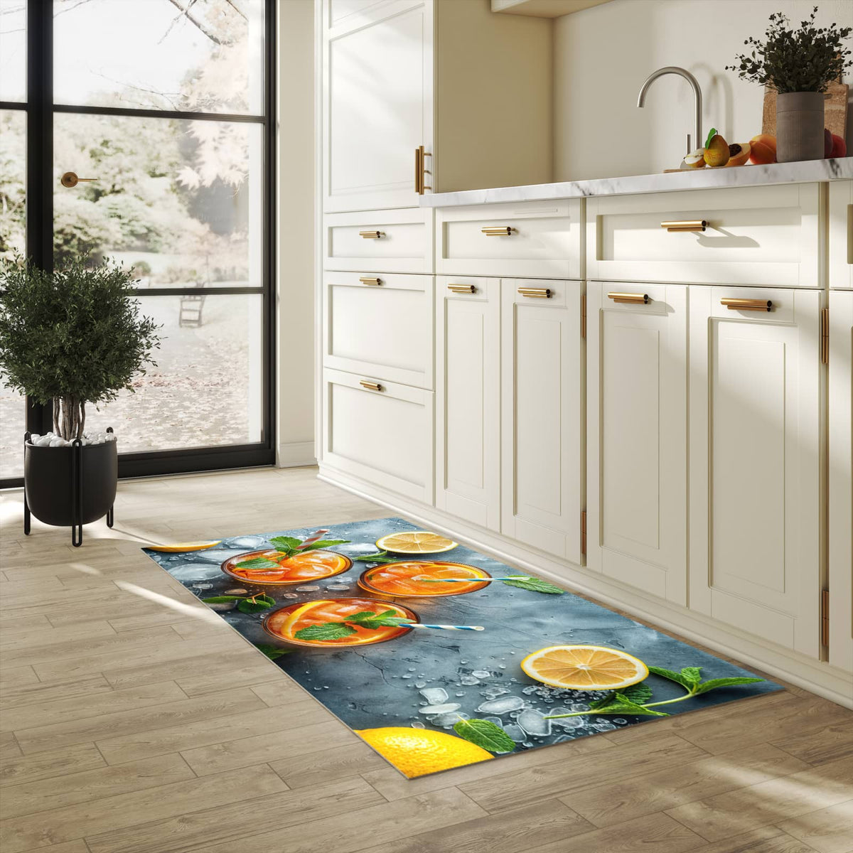 Bodenschonender Küchenteppich mit Motiv Sommerlicher Drink in heller Küche