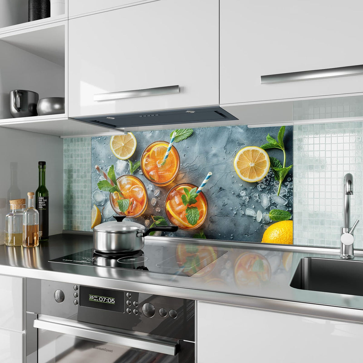 Küchenrückwand aus Glas Drei Drinks mit Zitrone im Hochformat als Spritzschutz hinter dem Kochfeld, über dem Fliesenspiegel montiert