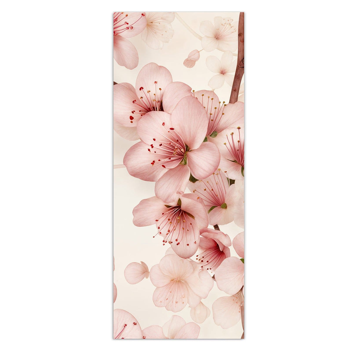 Zartrosa Kirschblüten mit braunen Zweigen auf cremefarbenem Grund.