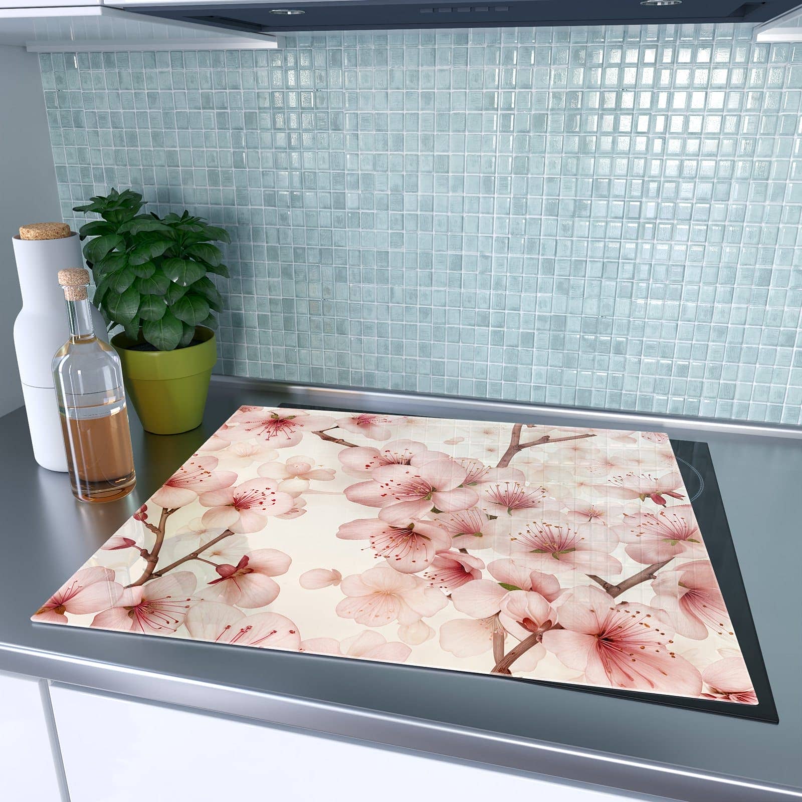 1-teilige Glasabdeckplatte für Ceranfeld mit Kirschblüten-Motiv auf dem Ceranfeld