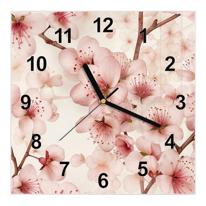 Wanduhr Kirschblüten aus Glas – Quadratisch 30 × 30 cm mit Ziffernblatt Modern