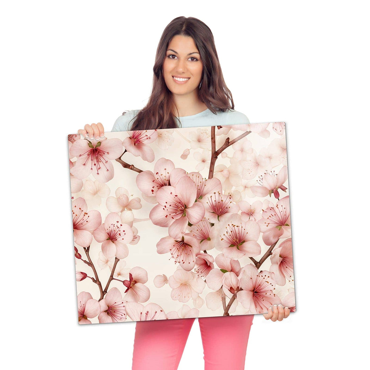 Herdabdeckplatte für Ceranfeld mit Kirschblüten-Motiv wird zur Größendarstellung gehalten