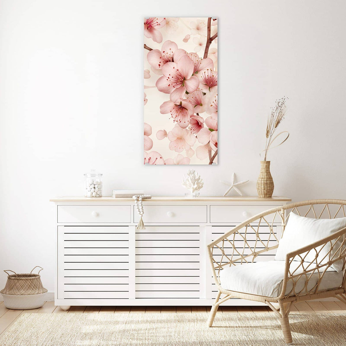 Glasbild Kirschblüten auf Creme an der Wand – Zartrosa Kirschblüten mit braunen Zweigen auf cremefarbenem Grund.