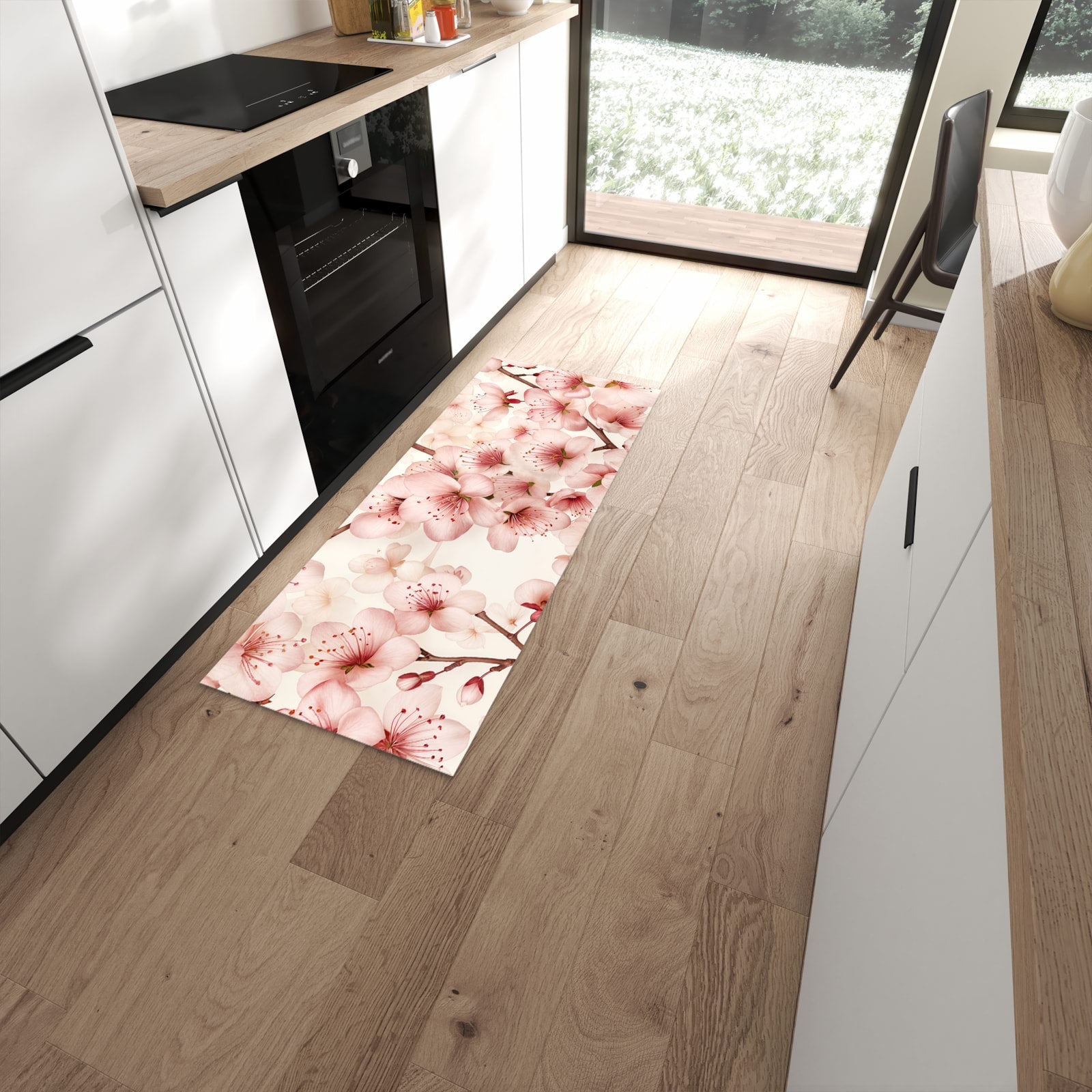 Strapazierfähiger Küchenläufer mit Motiv Kirschblüten in moderner Küche #grösse_60 x 150 cm