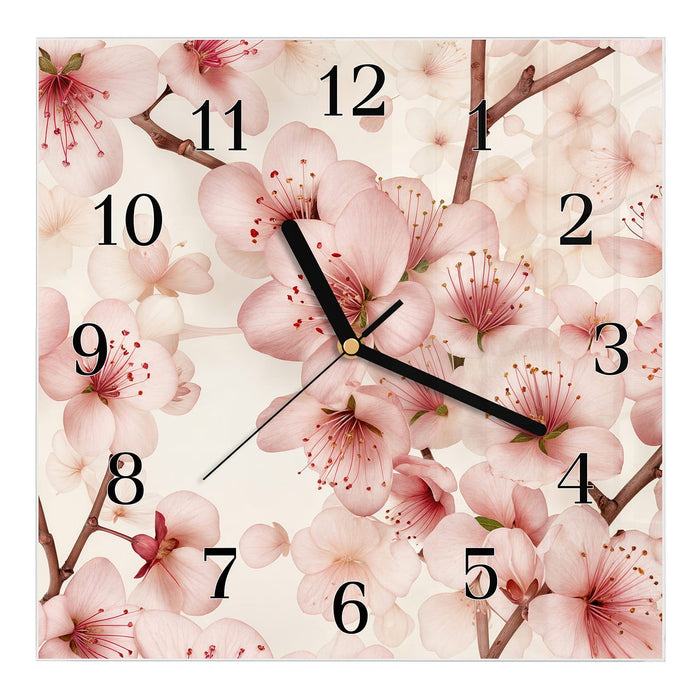 Wanduhr Kirschblüten aus Glas – Quadratisch 30 × 30 cm mit Ziffernblatt Klassisch