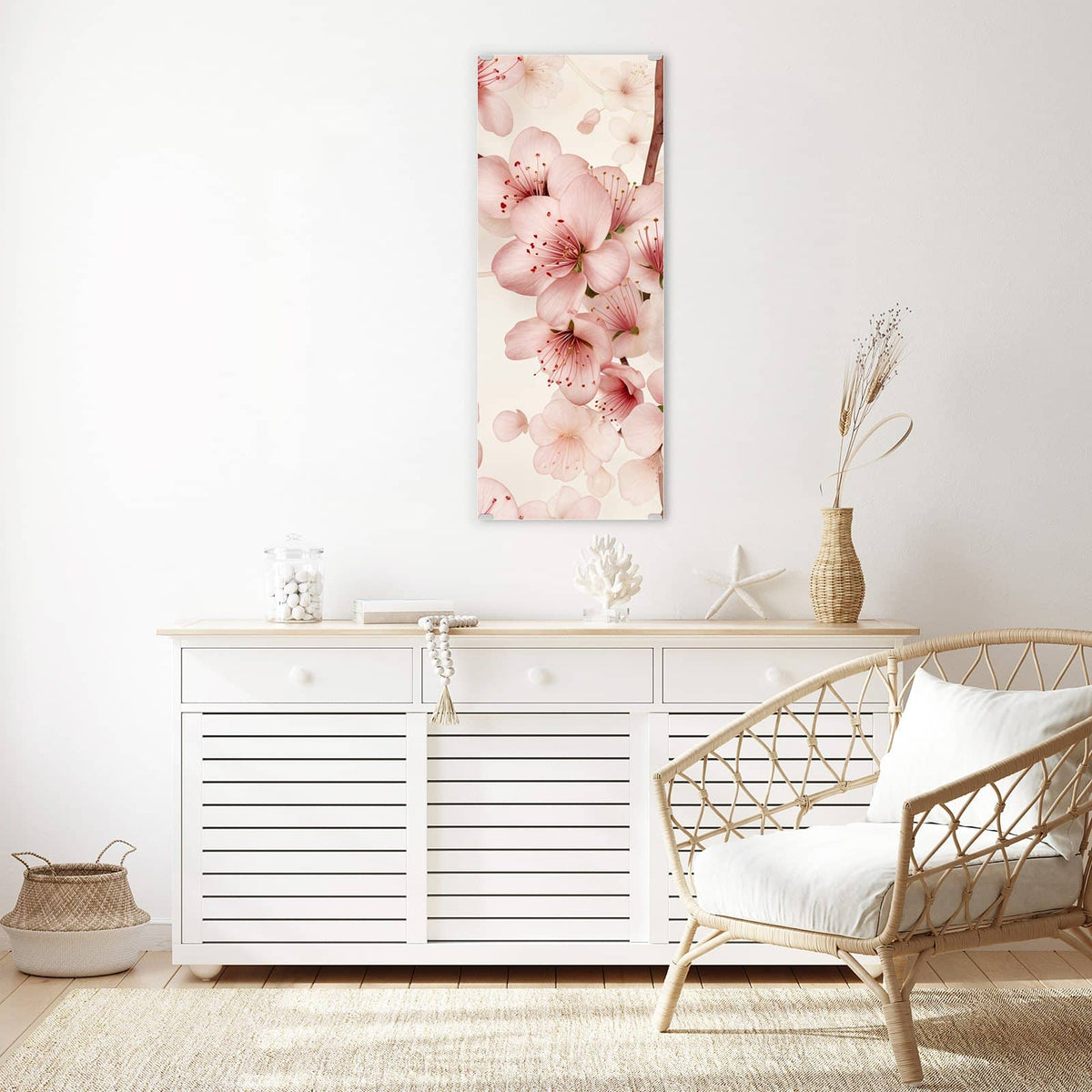 Glasbild Kirschblüten auf Creme an der Wand – Zartrosa Kirschblüten mit braunen Zweigen auf cremefarbenem Grund.