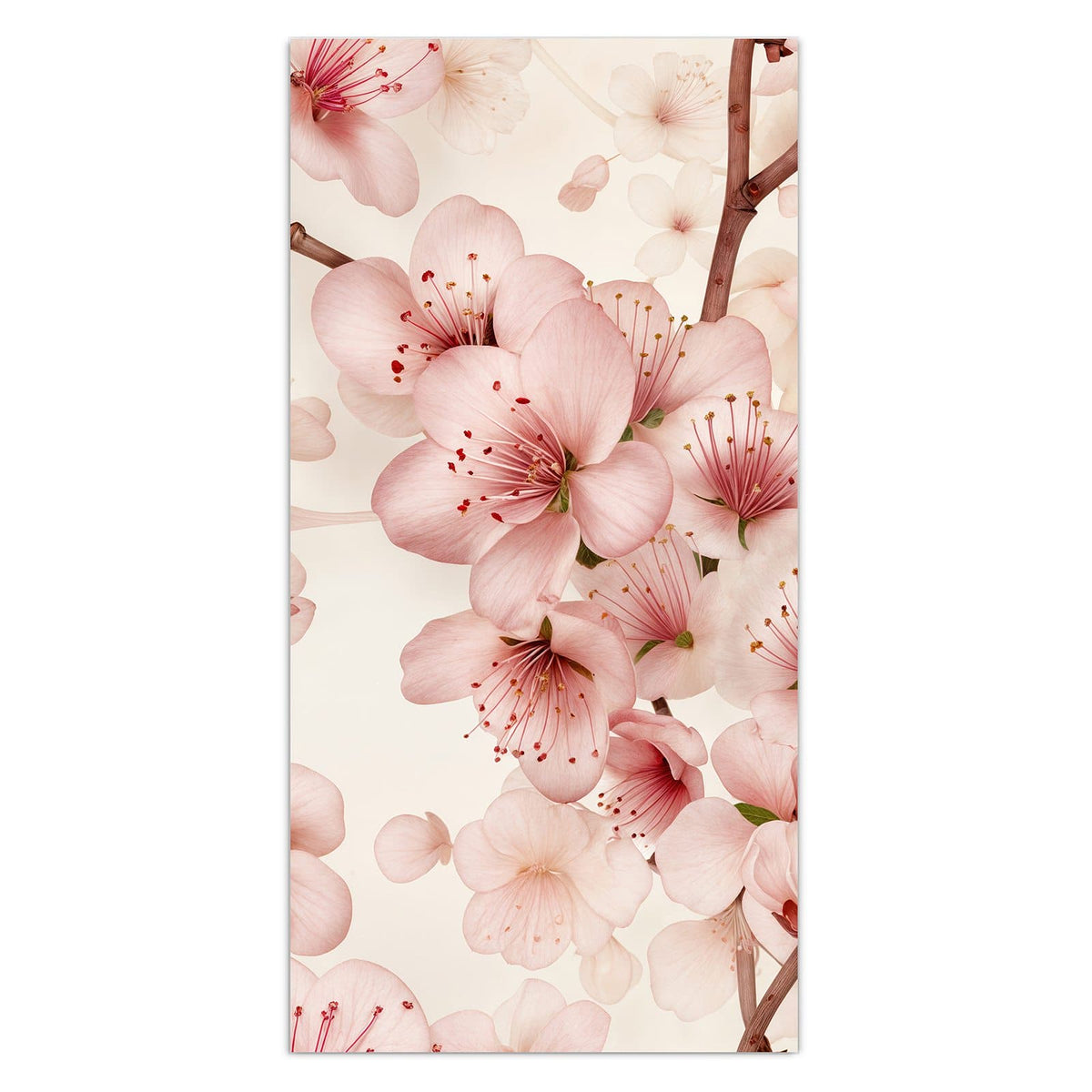 Zartrosa Kirschblüten mit braunen Zweigen auf cremefarbenem Grund.