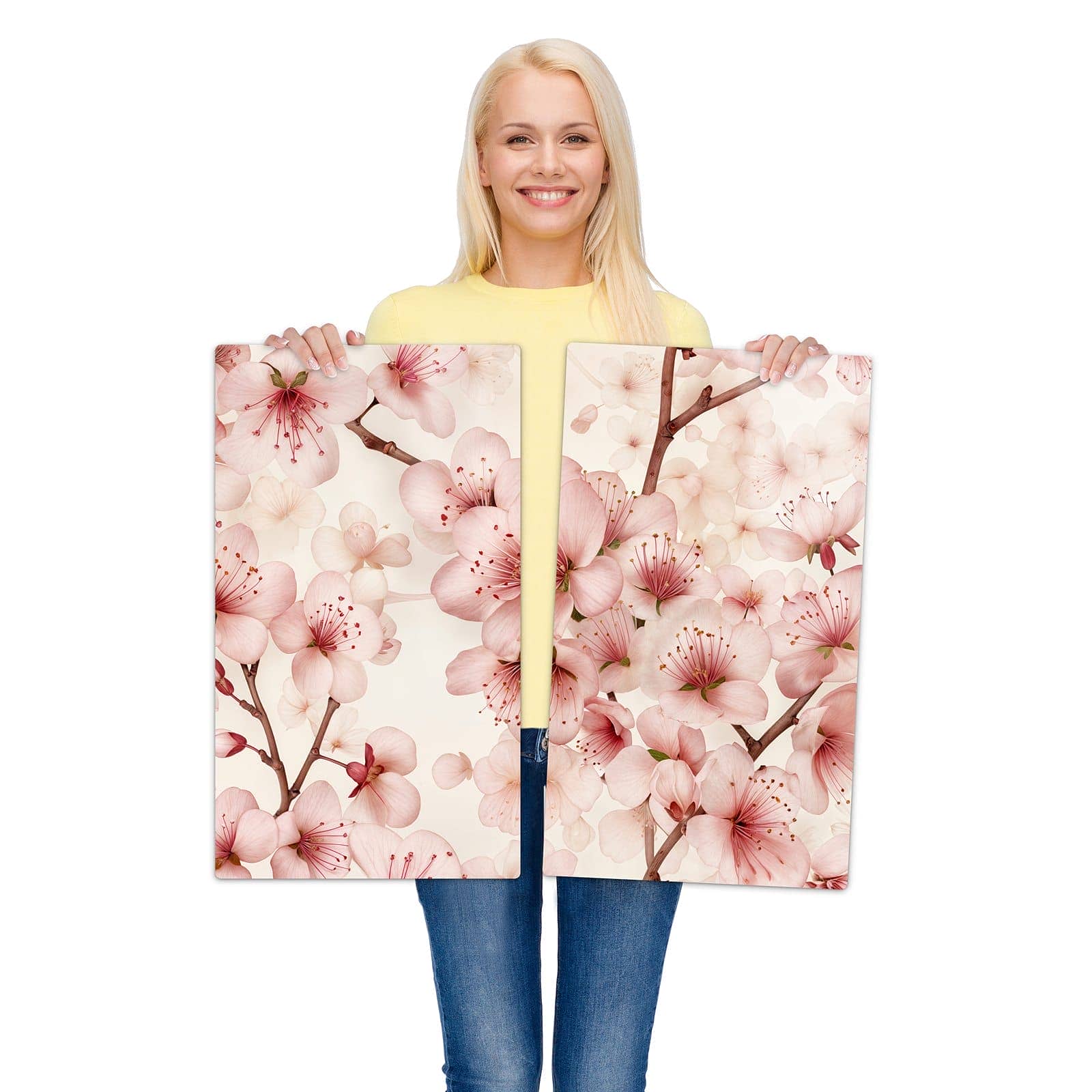 2-teilige Abdeckplatten für Ceranfeld mit Kirschblüten-Motiv wird zur Größendarstellung gehalten