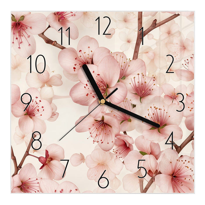 Wanduhr Kirschblüten aus Glas – Quadratisch 30 × 30 cm mit Ziffernblatt Elegant