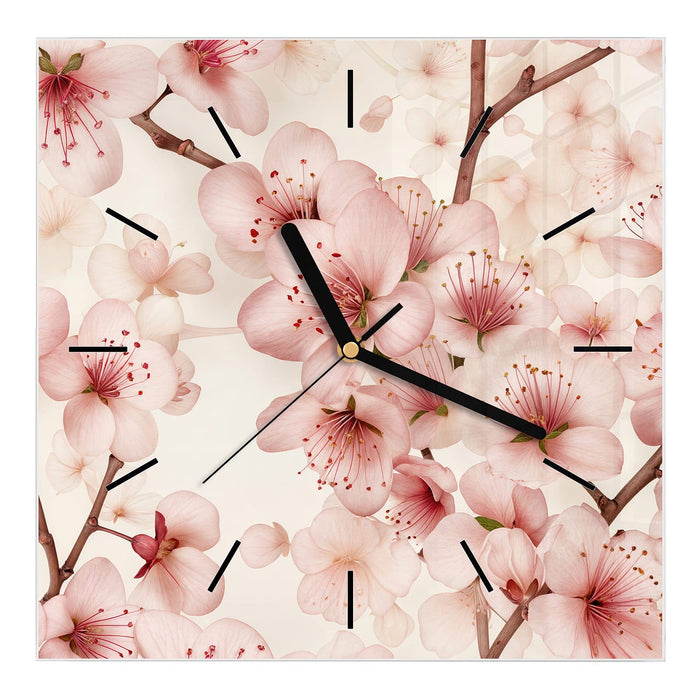 Wanduhr Kirschblüten aus Glas – Quadratisch 30 × 30 cm mit Ziffernblatt Linie