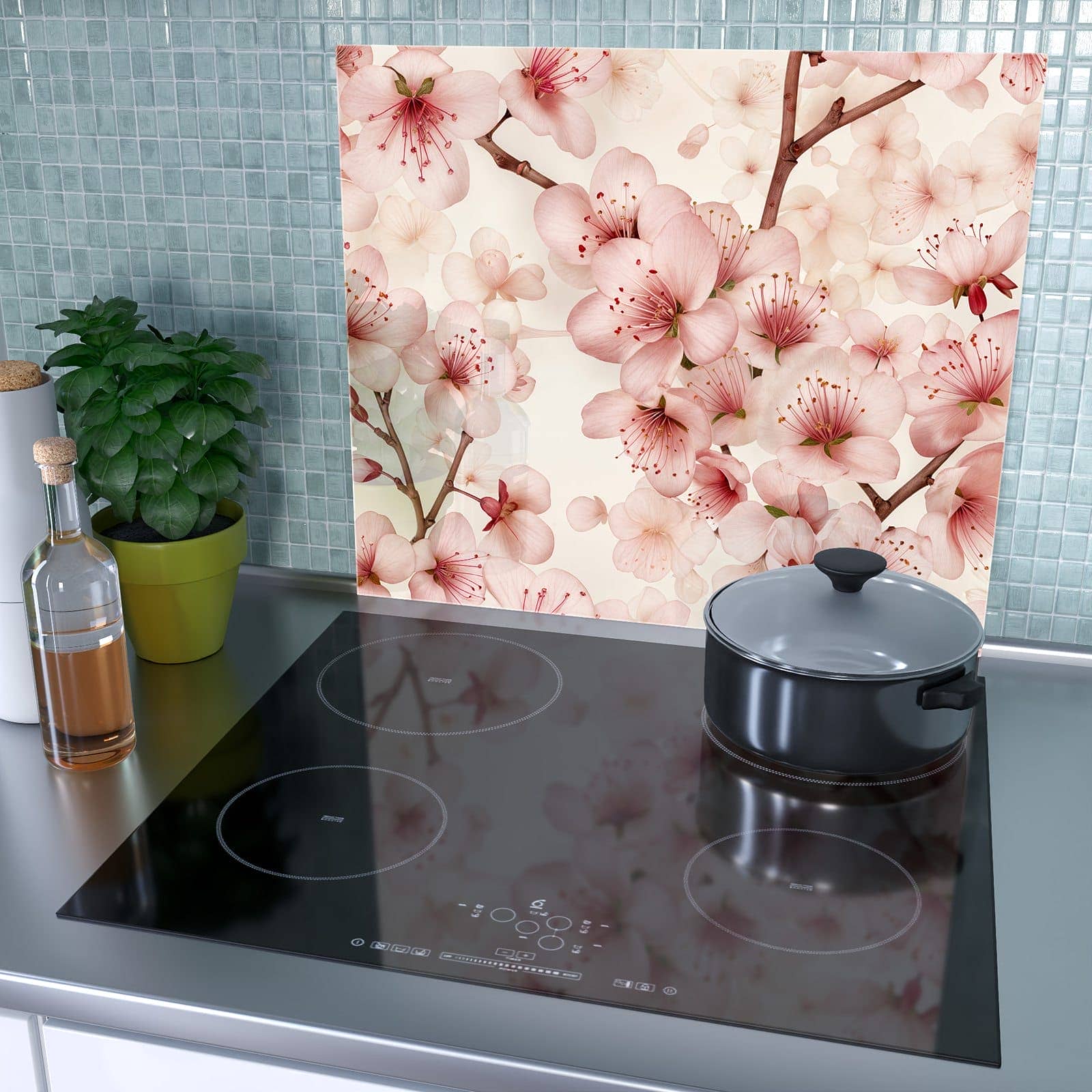 1-teilige Abdeckplatten für Herd mit Kirschblüten-Motiv als Spritzschutz hinter dem Kochfeld