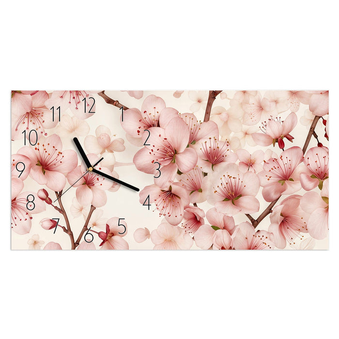 Wanduhr Kirschblüten aus Glas – Querformat 60 × 30 cm mit Ziffernblatt Elegant