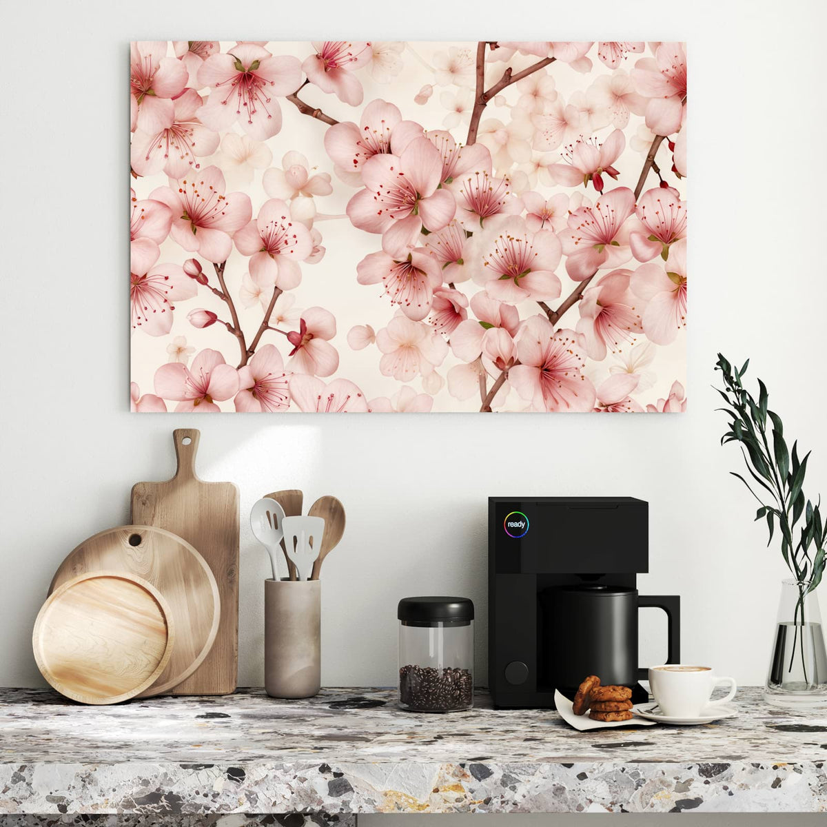 Metall Magnettafel - Kirschblüten auf Creme – Zarte Kirschblüten auf Cremegrund