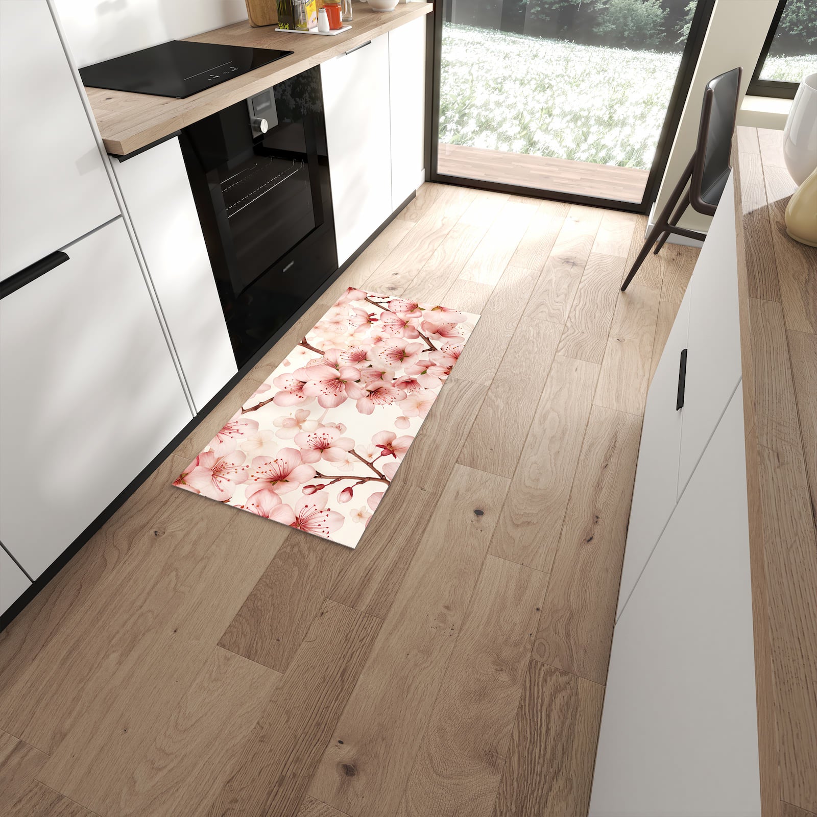 Hygienischer Küchenläufer mit Motiv Kirschblüten in moderner Küche #grösse_60 x 120 cm
