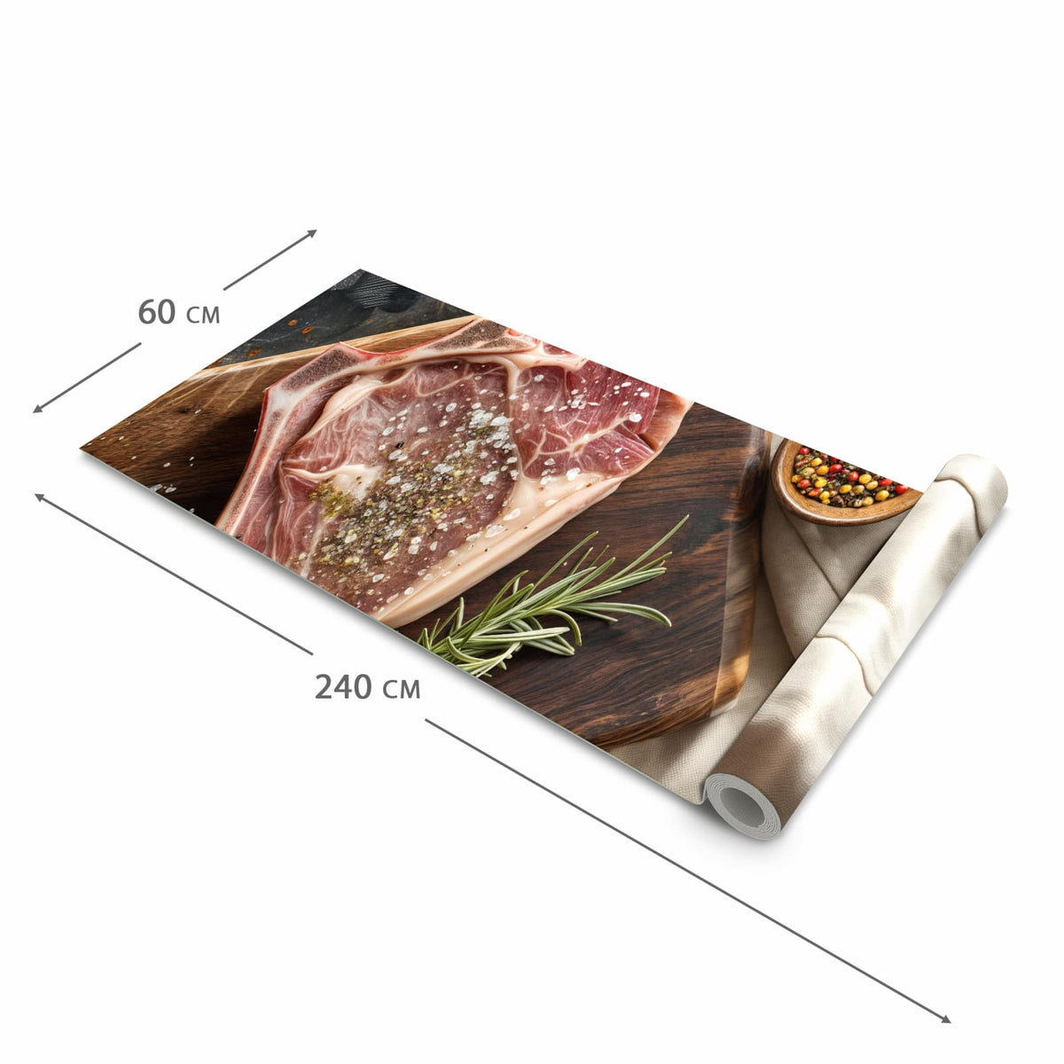 Wasserabweisender Küchenläufer mit Motiv Steakauf Holzbrett in der Grösse 80x250 cm