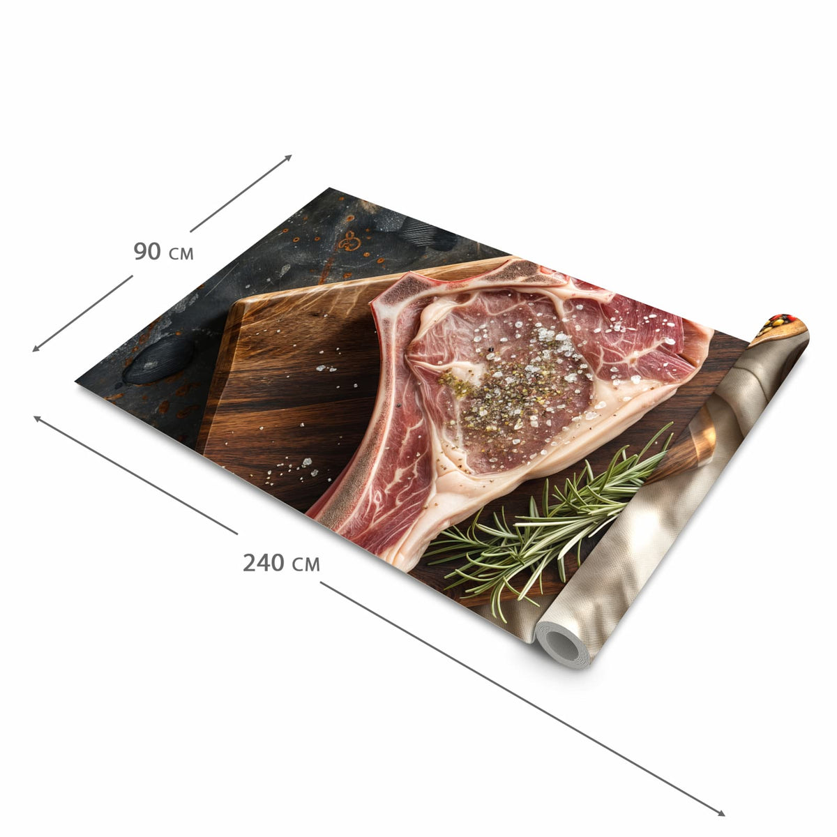 Rutschfester dünner Teppich mit Motiv Steakauf Holzbrett in der Grösse 80x250 cm, einfach zu reinigen