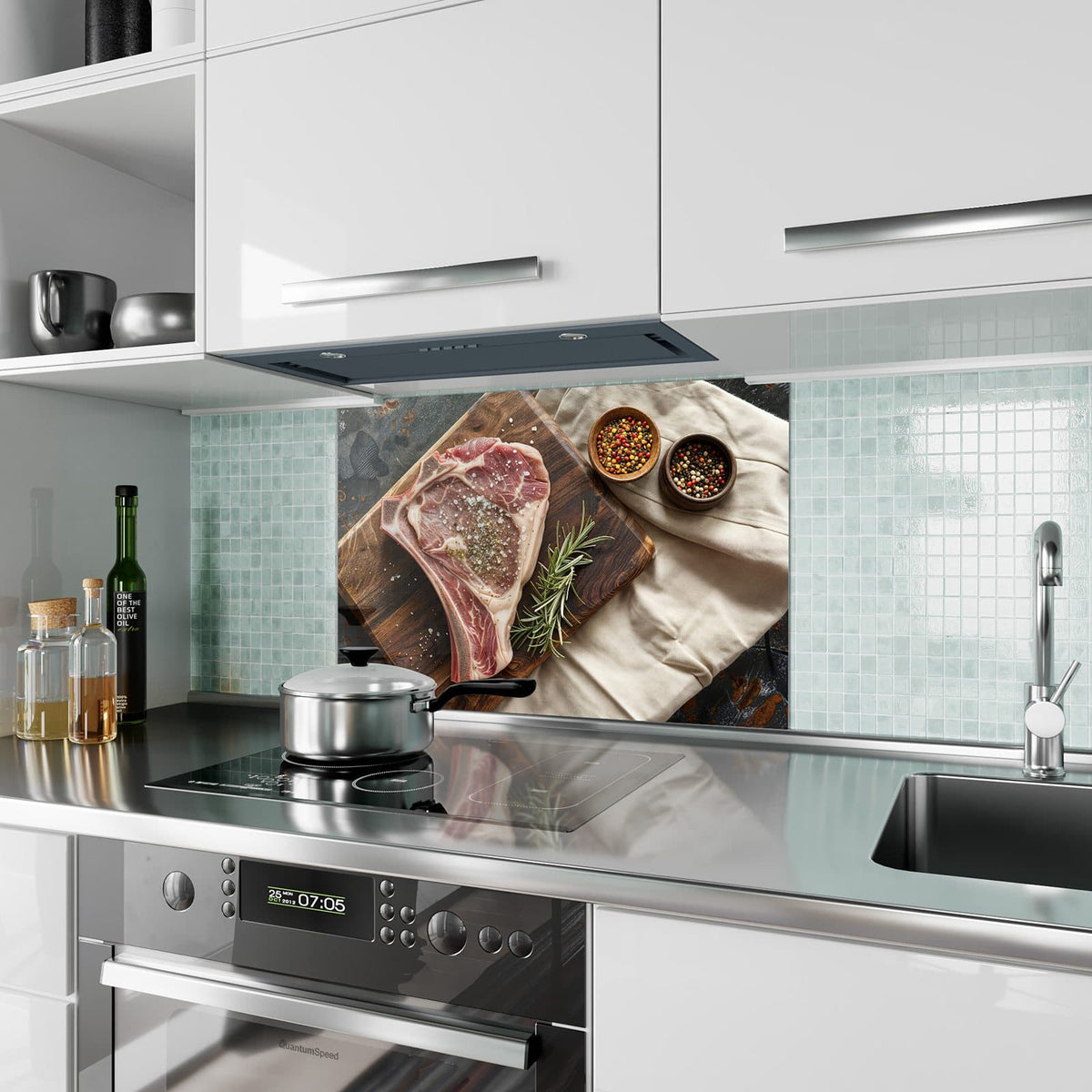 Küchenrückwand aus Glas Rohes Steak auf Holz im Hochformat als Spritzschutz hinter dem Kochfeld, über dem Fliesenspiegel montiert