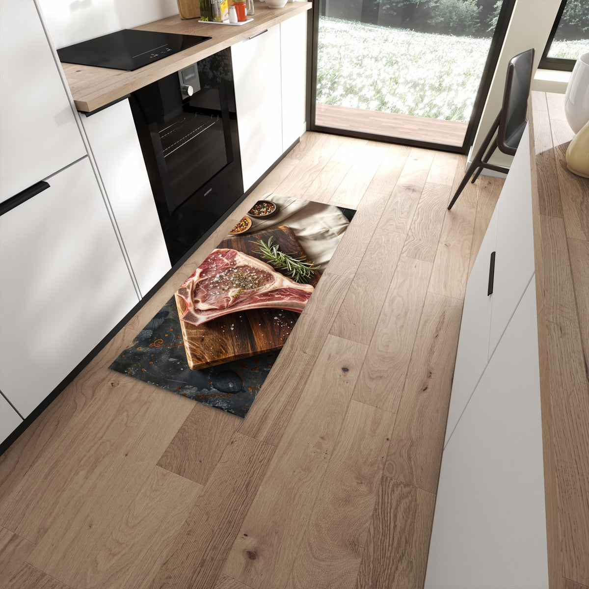 Komfortabler Bodenläufer-Teppich mit Motiv Steakauf Holzbrett in moderner Küche #grösse_60 x 150 cm