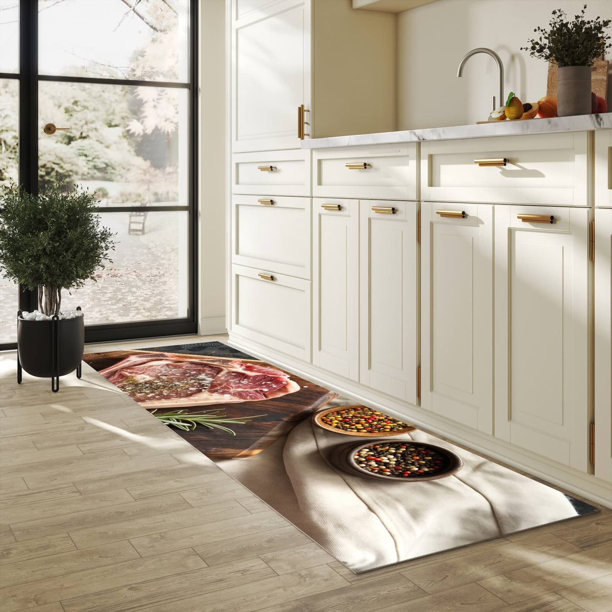 Bodenschonender Küchenteppich mit Motiv Steakauf Holzbrett in heller Küche