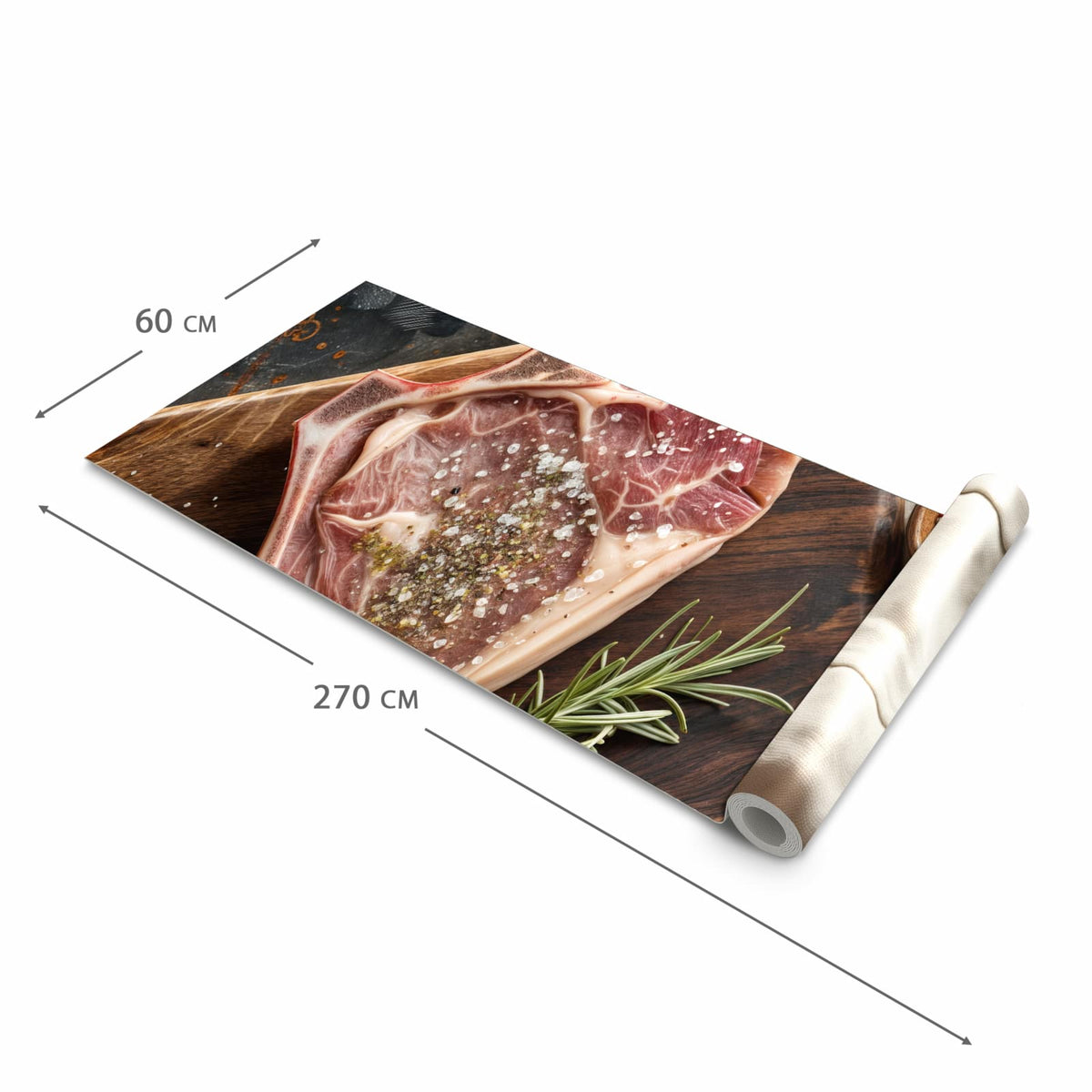 Fleckenresistenter Küchenläufer mit Motiv Steakauf Holzbrett in der Grösse 80x250 cm