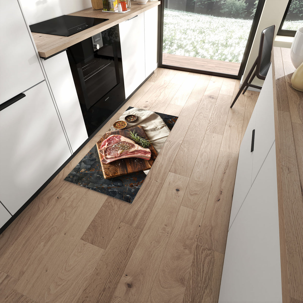 UV-beständiger Bodenläufer mit Motiv Steakauf Holzbrett in moderner Küche #grösse_60 x 120 cm