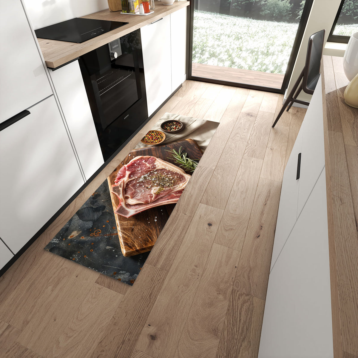 Wasserabweisender Küchenteppich mit Motiv Steakauf Holzbrett in moderner Küche