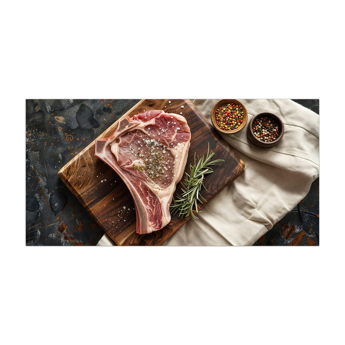 Küchenrückwand aus Glas Rohes Steak auf Holz im Hochformat, Motiv bildfüllend von vorn