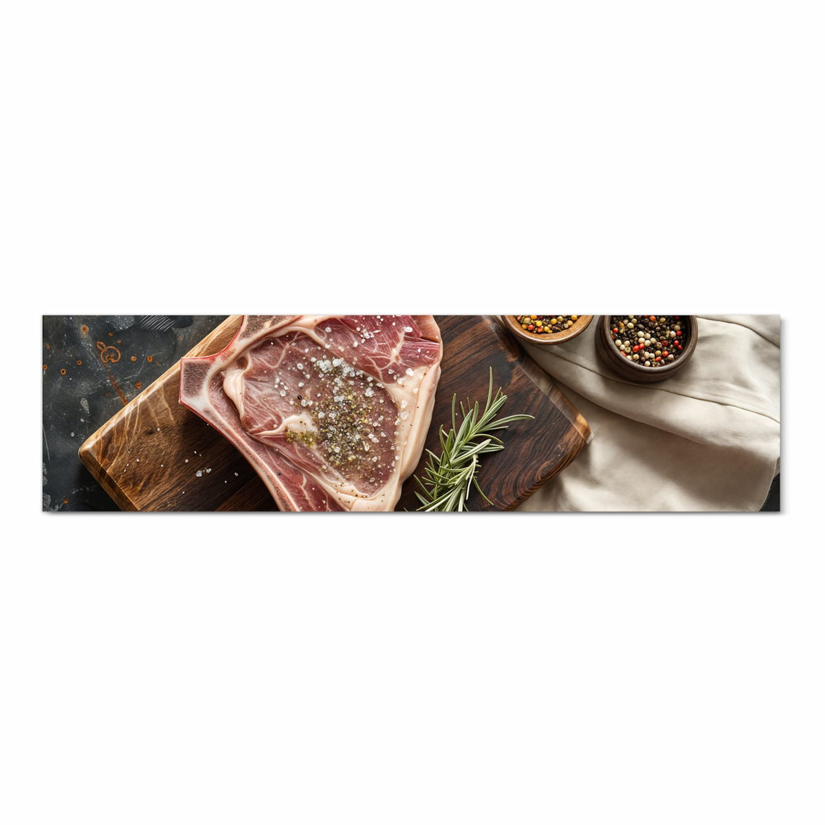 Zeitsparender rutschfester Küchenteppich mit Motiv Steakauf Holzbrett in Frontansicht