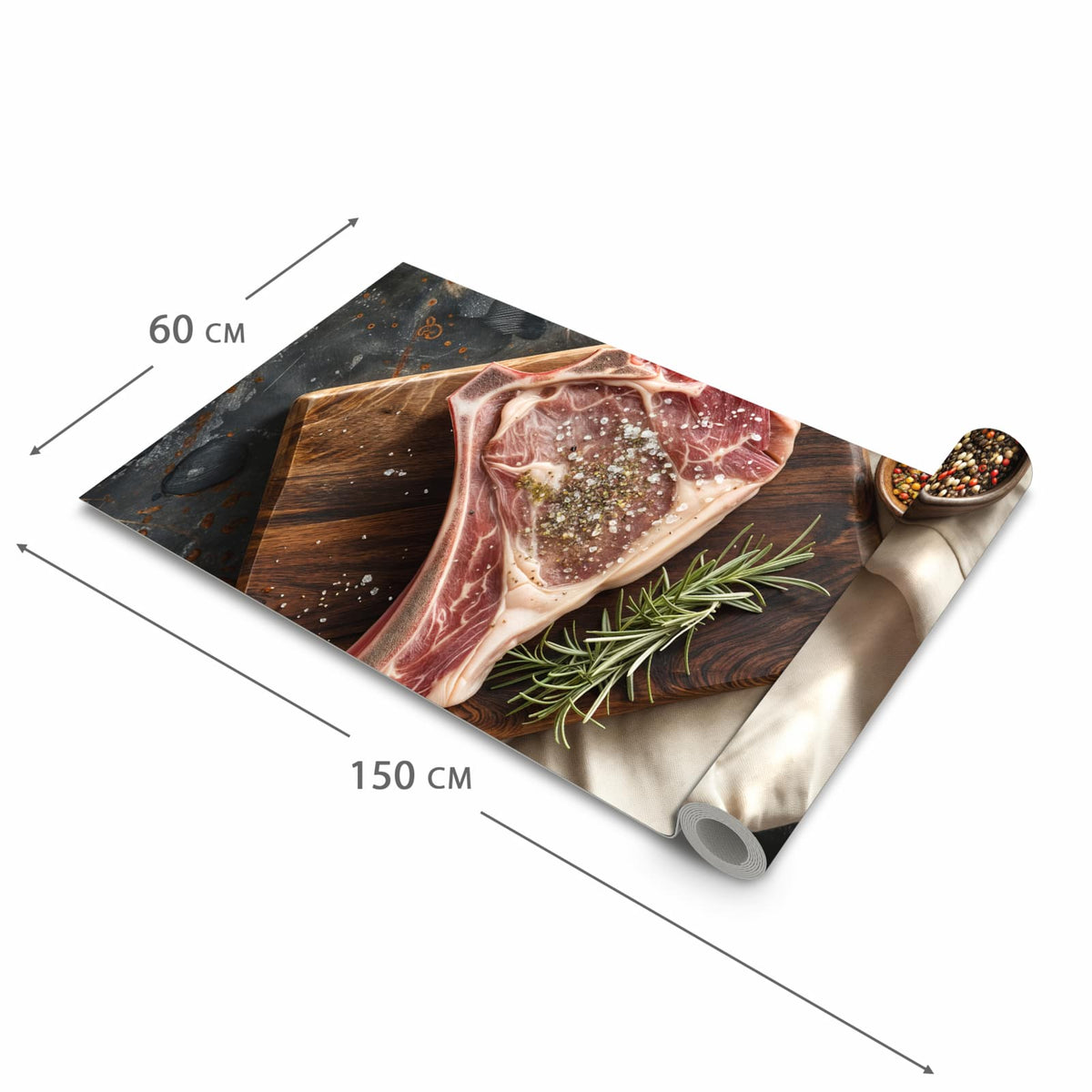 UV-beständiger Küchenvorleger mit Motiv Steakauf Holzbrett in der Größe 80x250 cm