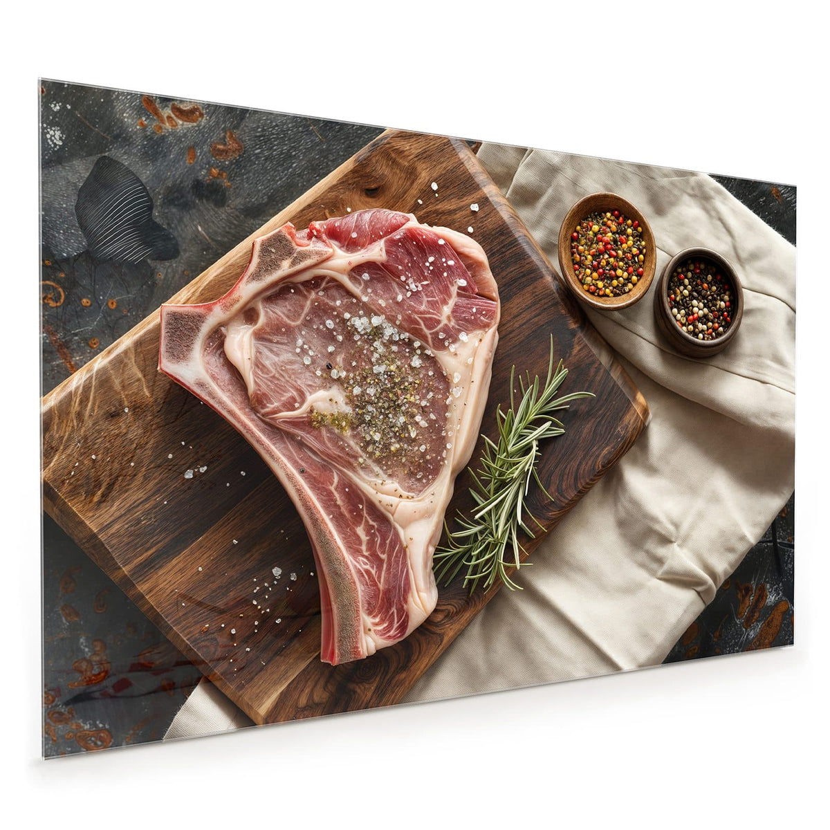 Küchenrückwand aus Glas im Hochformat: Rohes T-Bone-Steak auf dunklem Holzbrett, Rosmarin und zwei Schälchen Pfefferkörner auf Leinentuch