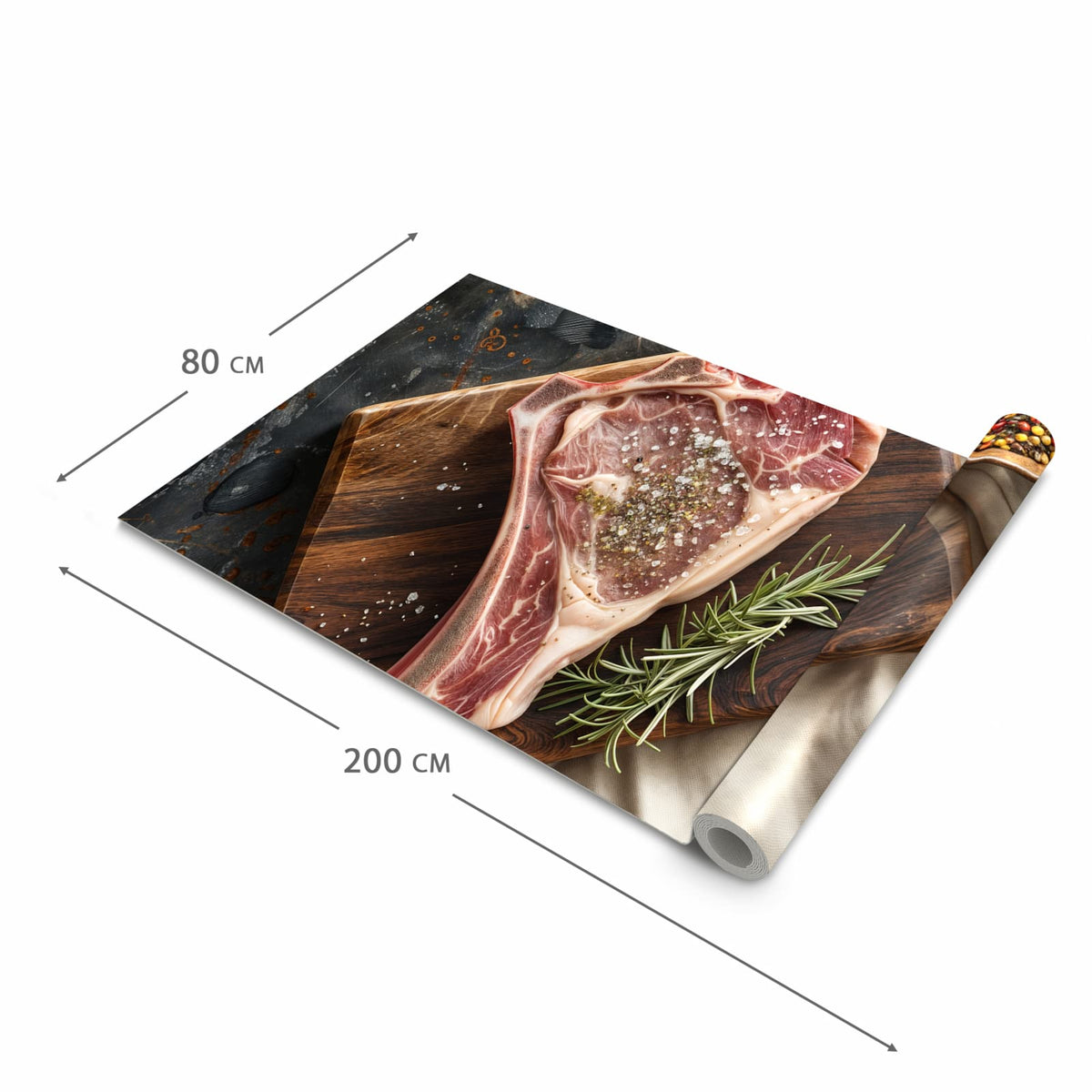 Langlebiger waschbarer Küchenläufer mit Motiv Steakauf Holzbrett in der Größe 80x250 cm