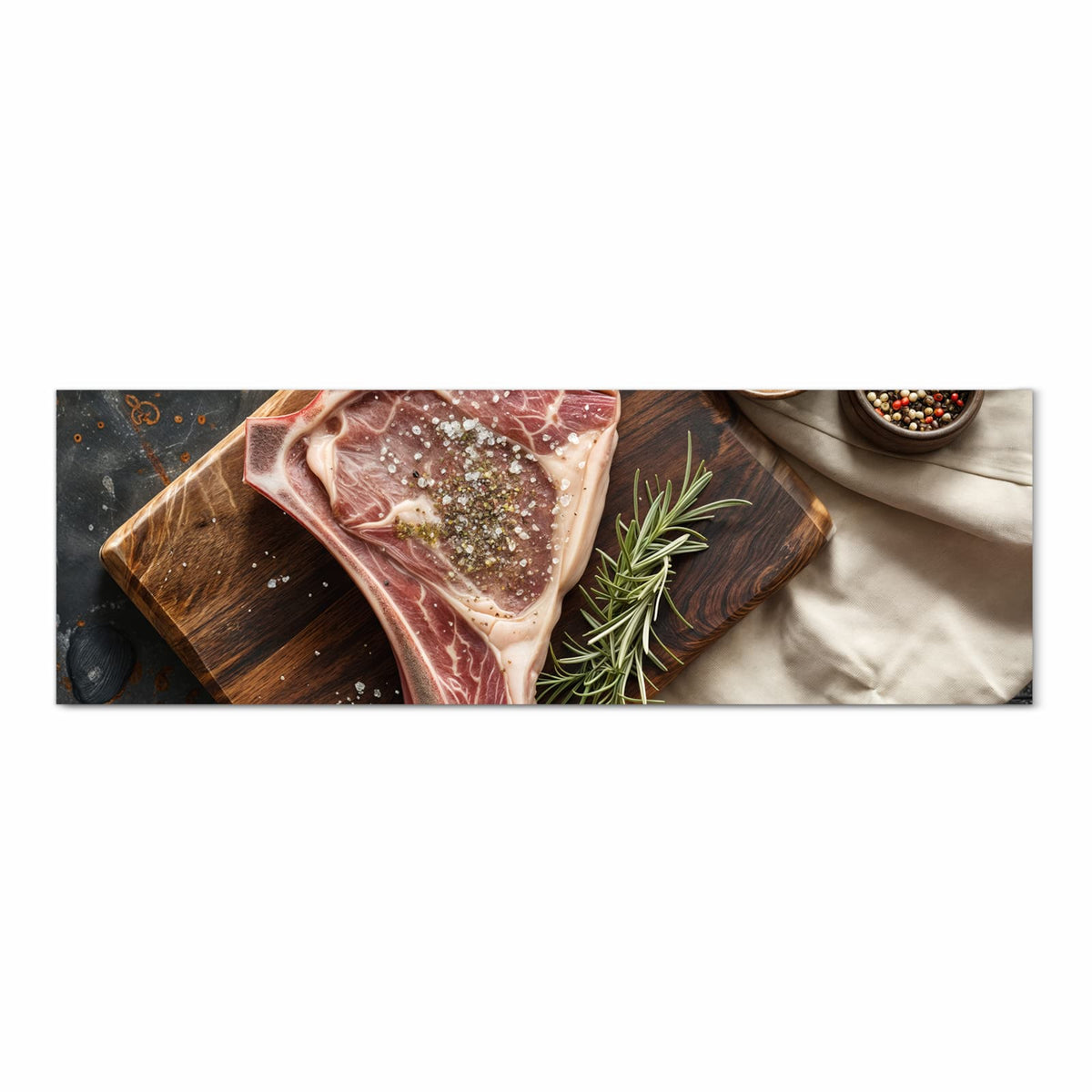 Formstabiler waschbarer Teppich fürs Esszimmer mit Motiv Steakauf Holzbrett in Frontansicht