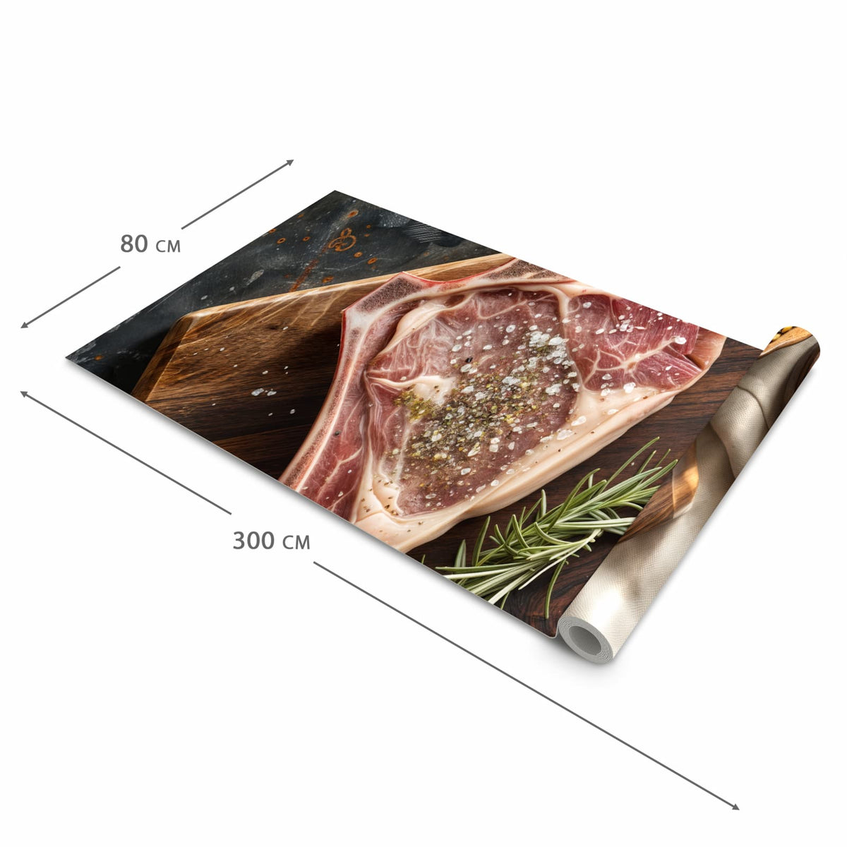 Komfortabler Läufer flur rutschfest mit Motiv Steakauf Holzbrett in der Grösse 80x250 cm