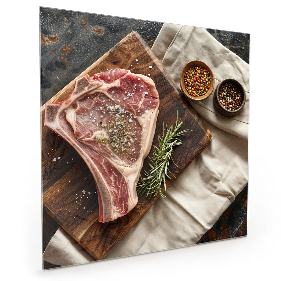 Maße Küchenrückwand Rohes Steak auf Holz aus Glas