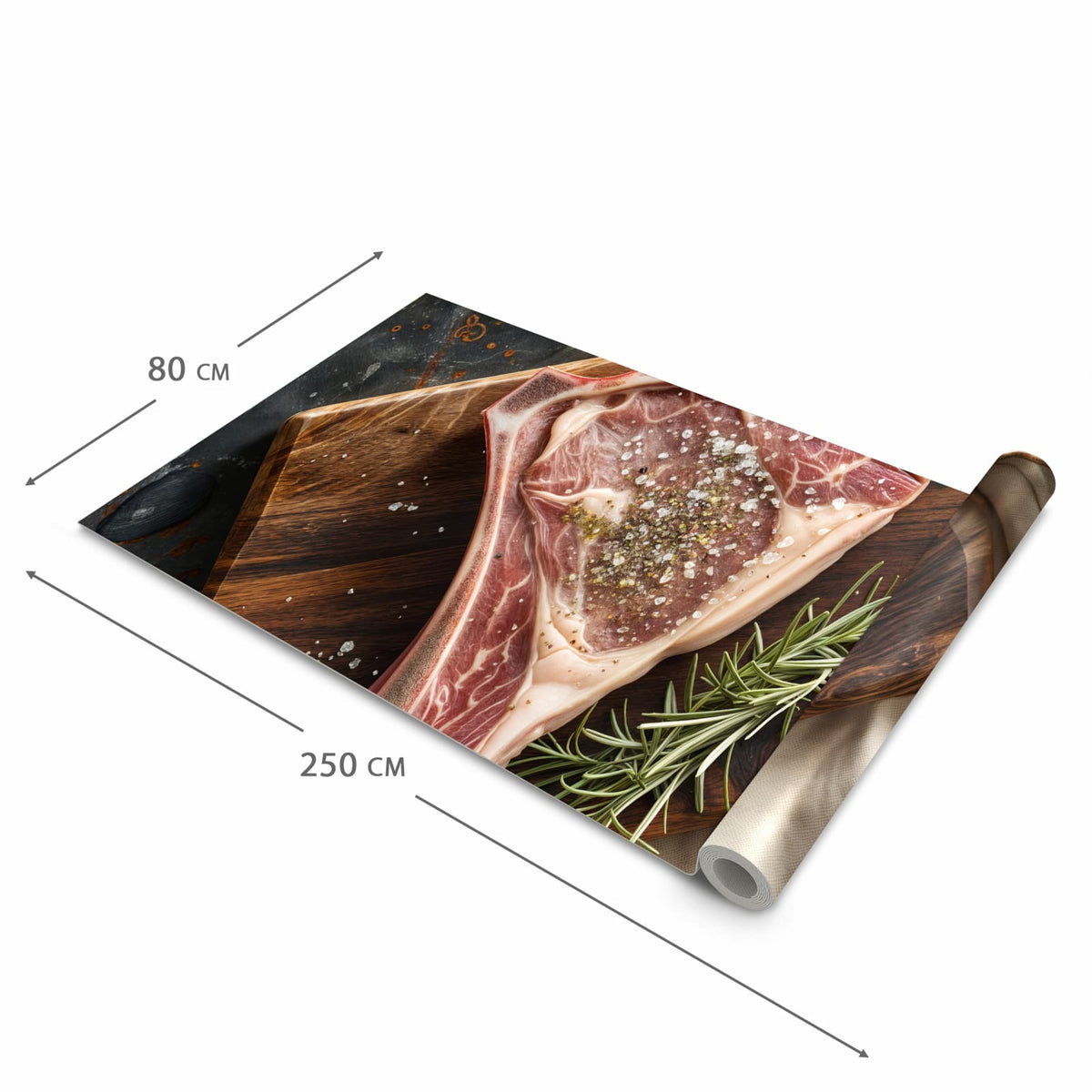 Flacher Küchenläufer mit Motiv Steakauf Holzbrett in der Grösse 80x250 cm für lange Flure