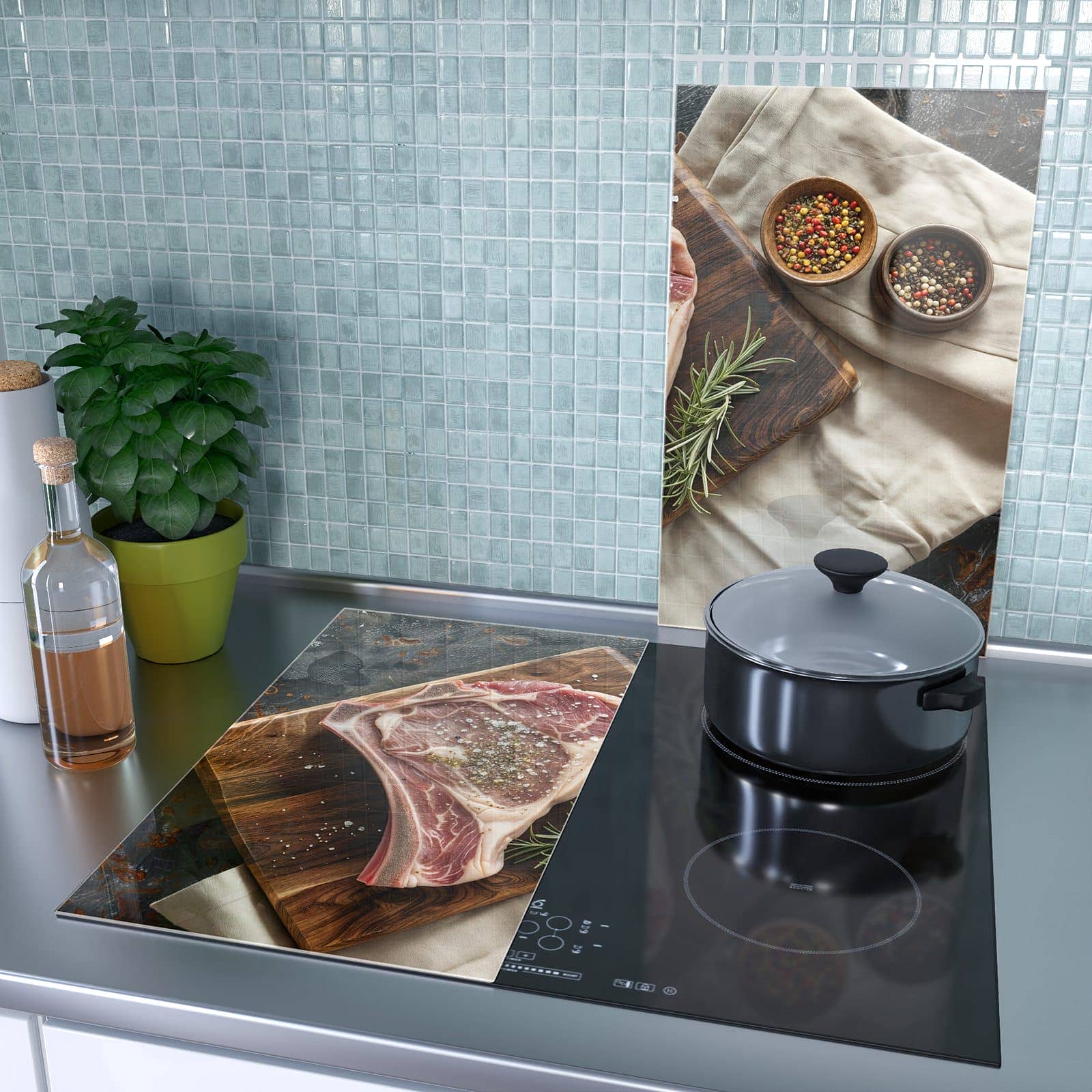2-teilige Ceranfeld Abdeckplatten mit Steakauf Holzbrett-Motiv als Spritzschutz hinter dem Kochfeld