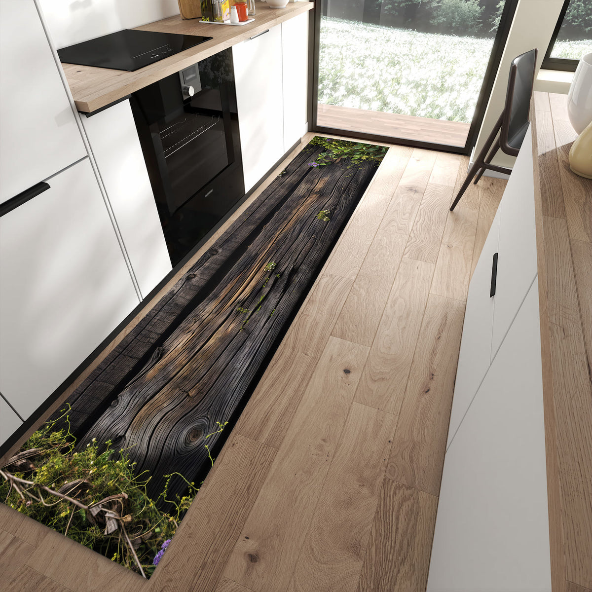 Küchenläufer mit Motiv Holz mit Blumen für Ordnung im Eingangsbereich moderner Küche