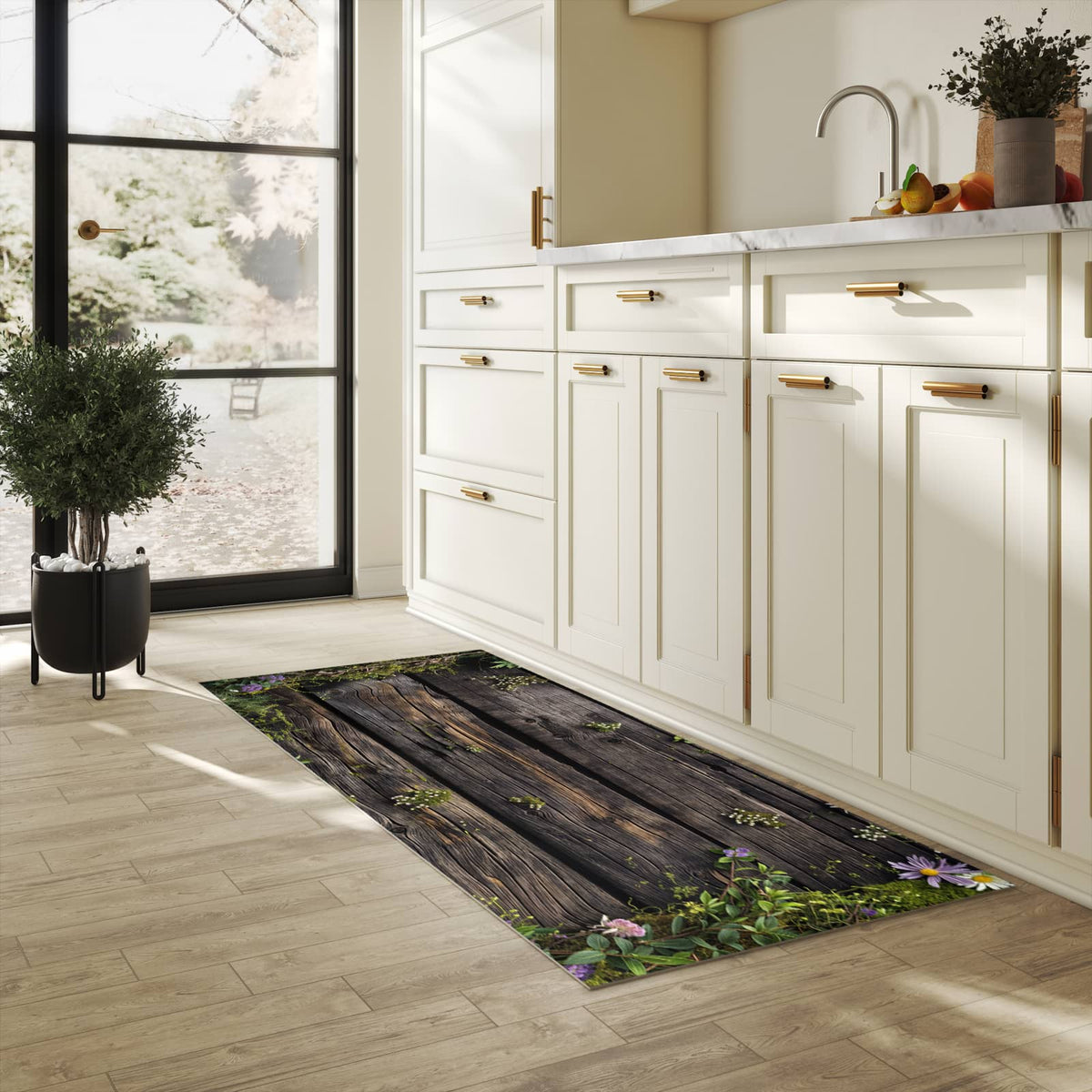 Schmutzabweisender Küchenläufer mit Motiv Holz mit Blumen in heller Küche