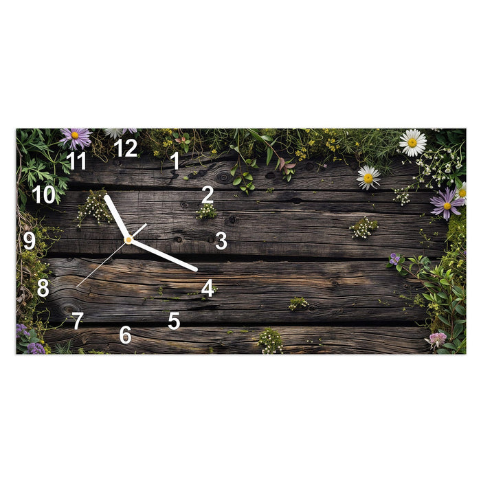 Wanduhr Holz mit Blumen aus Glas – Querformat 60 × 30 cm mit Ziffernblatt Modern