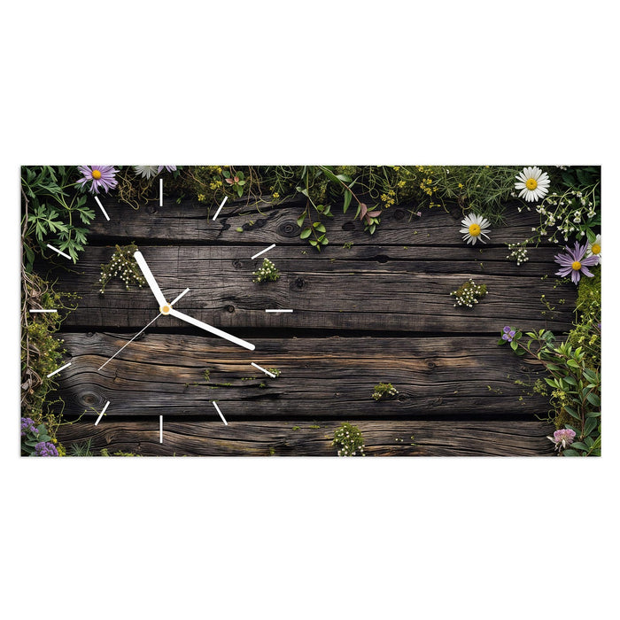 Wanduhr Holz mit Blumen aus Glas – Querformat 60 × 30 cm mit Ziffernblatt Linie