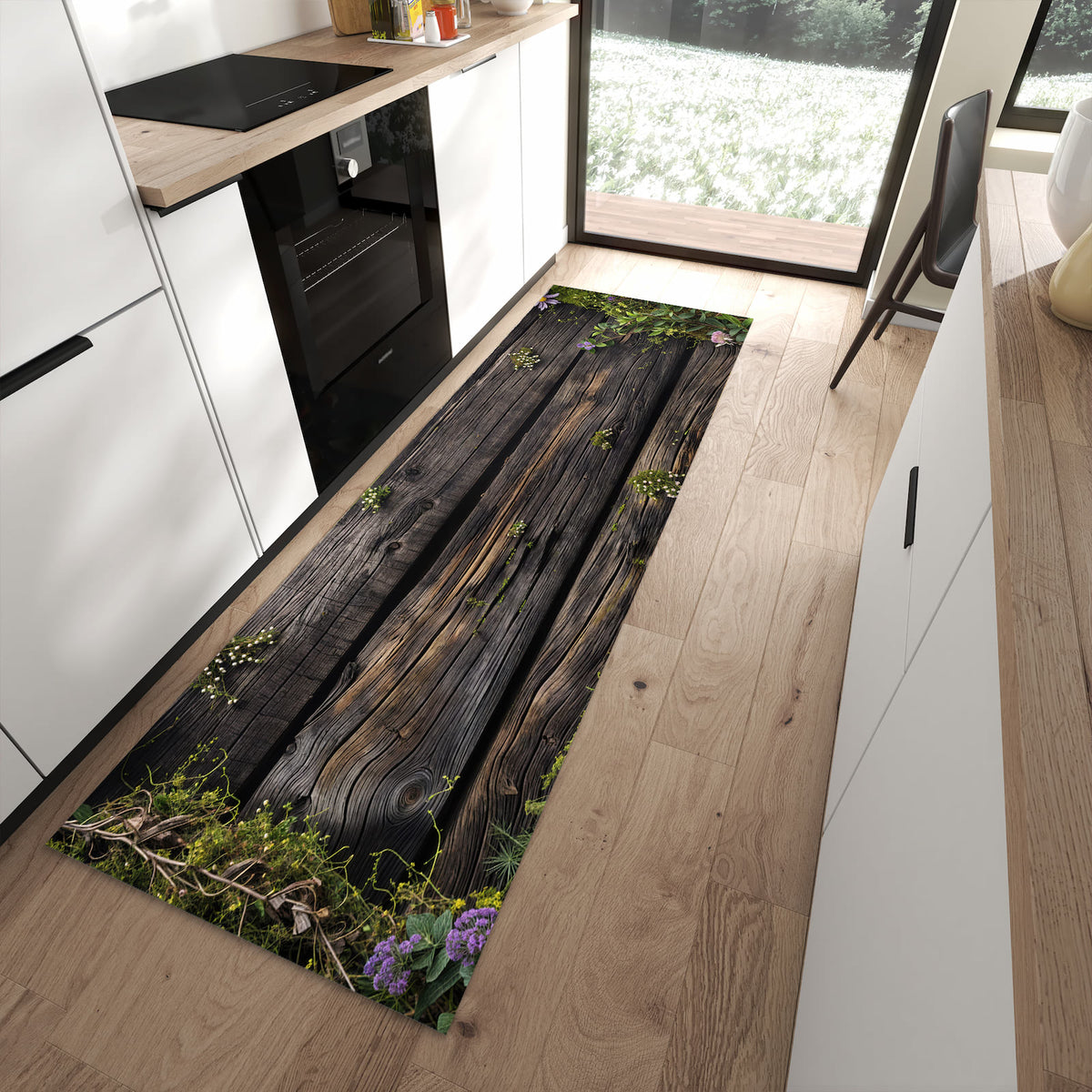 Formstabiler rutschfester Küchenteppich mit Motiv Holz mit Blumen in moderner Küche