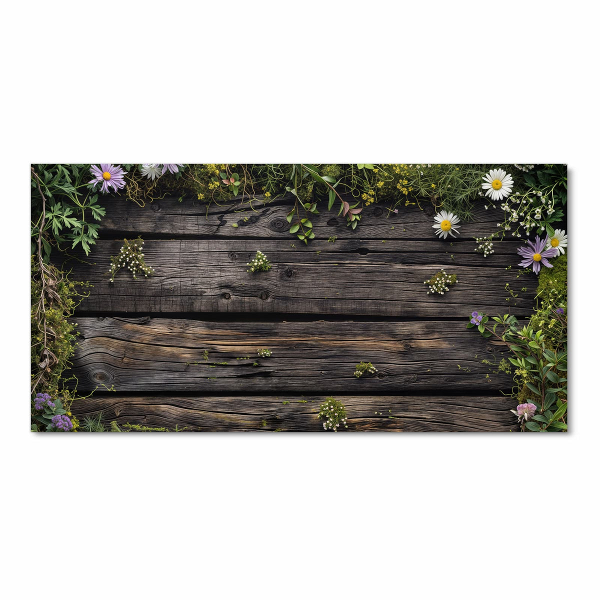 Küchenteppich mit Motiv Holz mit Blumen in Frontansicht für sichere Aufbewahrung