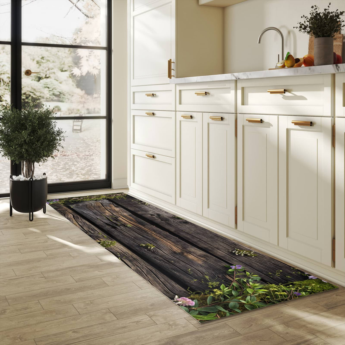 Langlebiger rutschfester Küchenläufer mit Motiv Holz mit Blumen in heller Küche