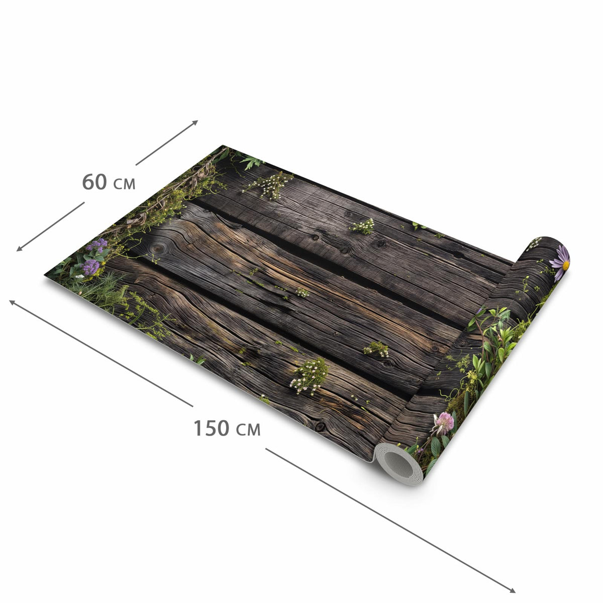 Waschbarer Küchenteppich mit Motiv Holz mit Blumen in der Größe 80x200 cm