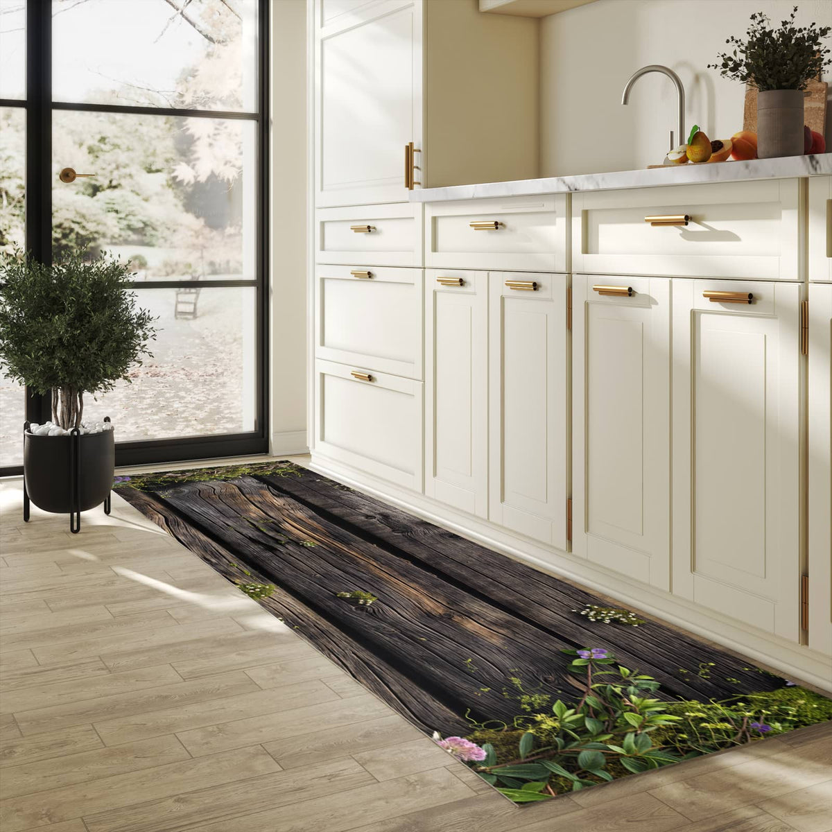 Flacher rutschfester Küchenläufer mit Motiv Holz mit Blumen in heller Küche