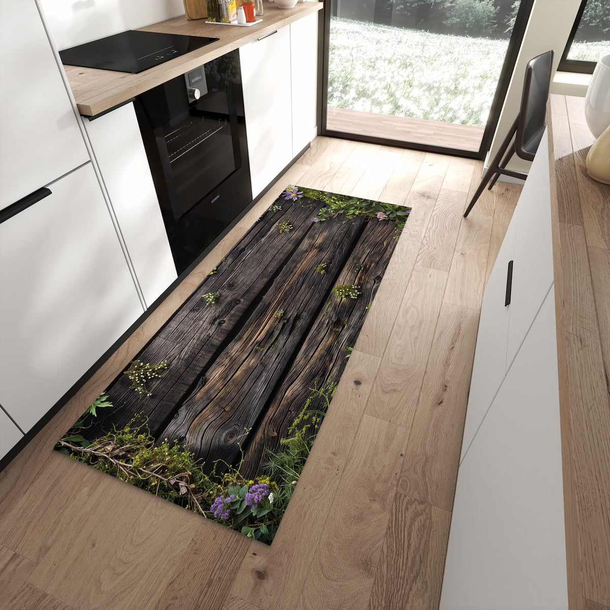 Farbbeständiger dünner Teppich mit Motiv Holz mit Blumen in moderner Küche