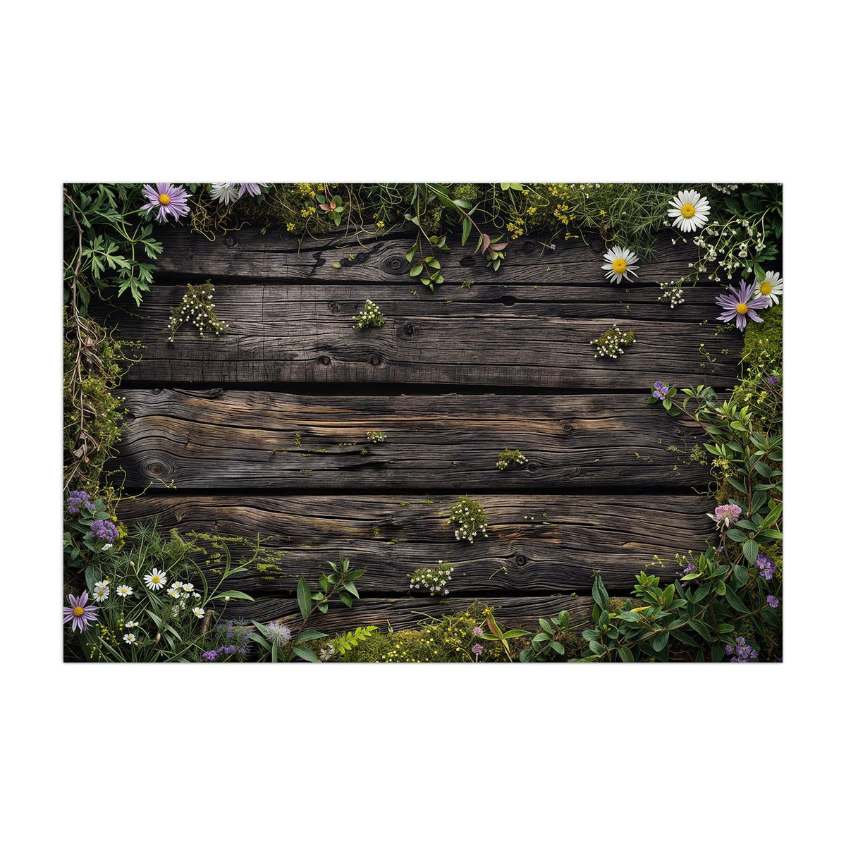 Küchenrückwand aus Glas Wildblumen auf Holz im Hochformat, Motiv bildfüllend von vorn