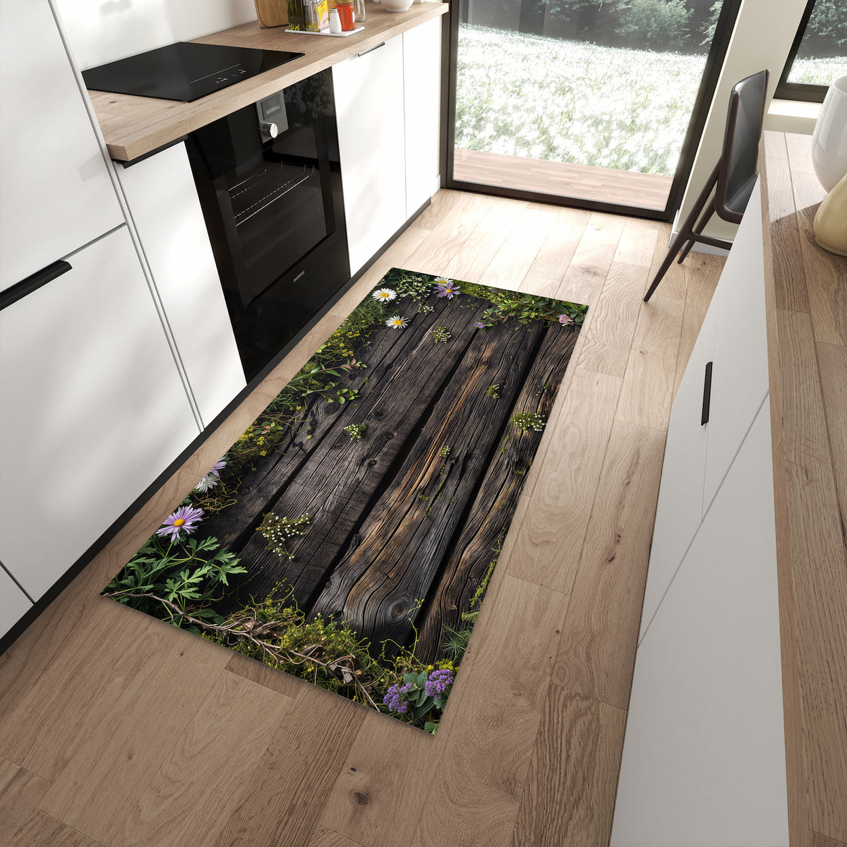 Geräuschdämpfender Teppich für Esstisch mit Motiv Holz mit Blumen in moderner Küche